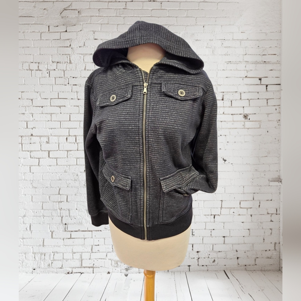 Epic Threads Women's Black Hooded Jacket Black Gray Stripe Zip Front